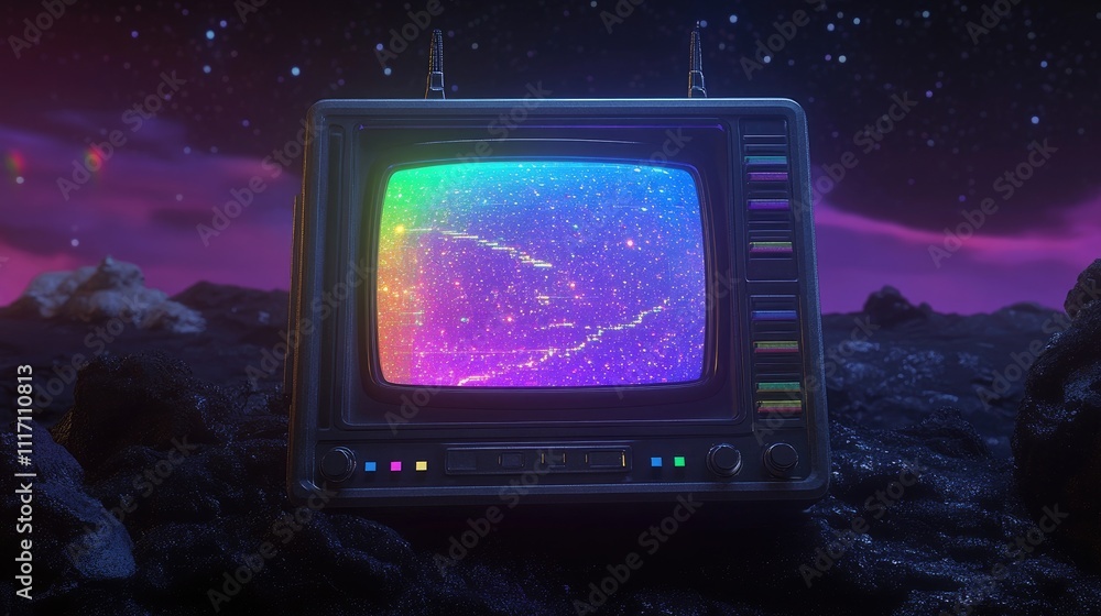 Aufkleber static-filled screen with rainbow tones and sharp geometric forms, evoking tech nostalgia.
