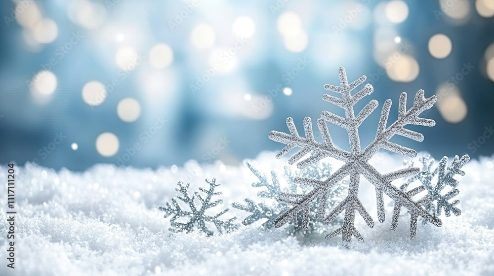 Poster winter wonderland backdrop with an array of delicate snowflakes on a frosty blue and white backgroun