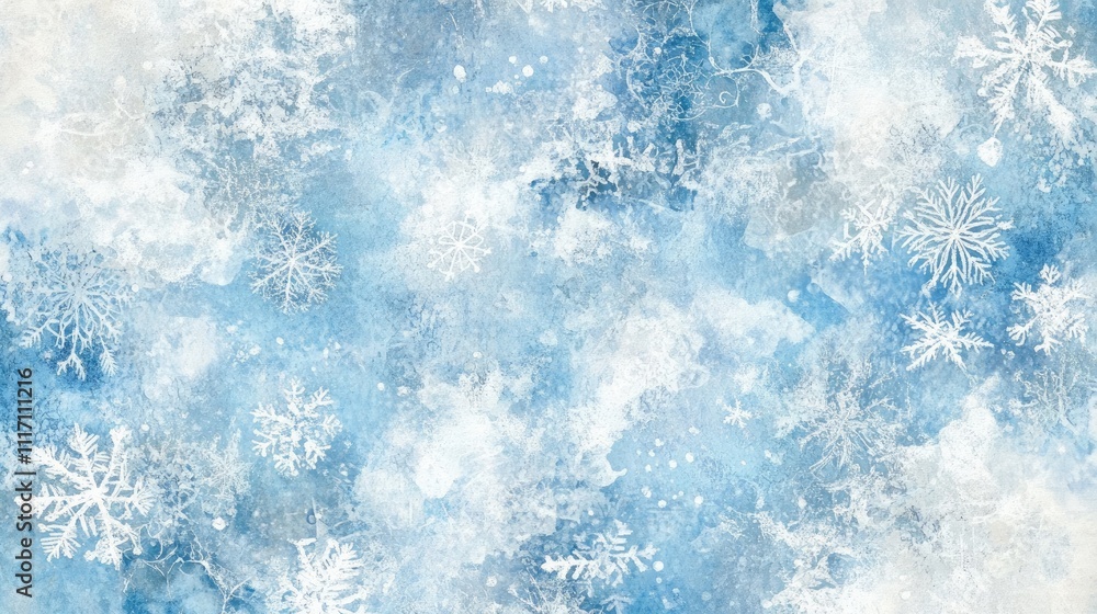 Poster winter wonderland backdrop with an array of delicate snowflakes on a frosty blue and white backgroun