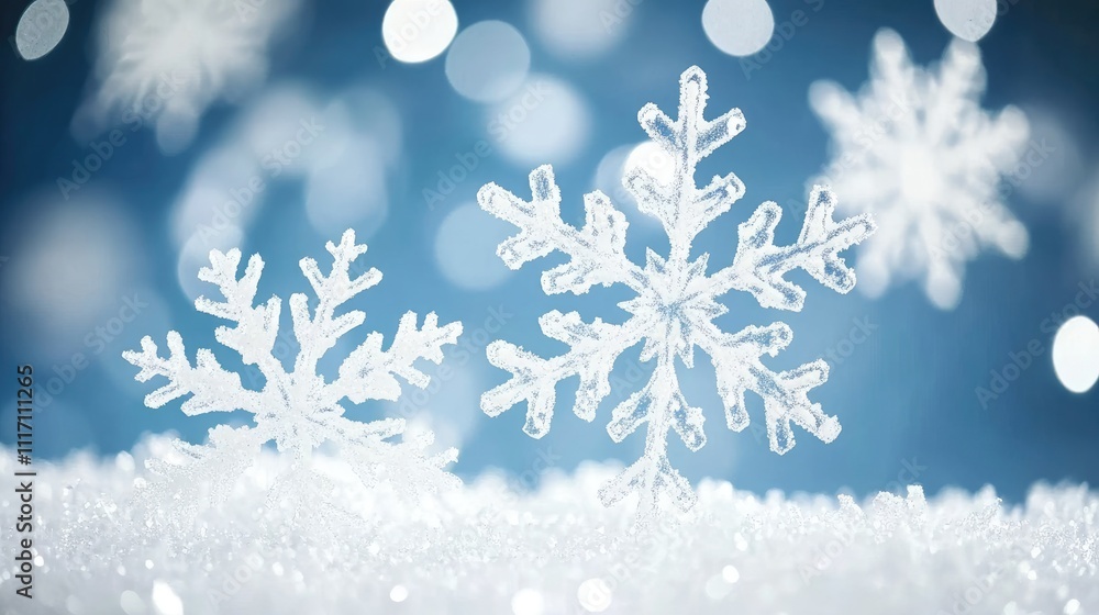 Poster winter wonderland backdrop with an array of delicate snowflakes on a frosty blue and white backgroun