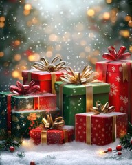 A festive Christmas card background featuring beautifully wrapped gifts as the central theme. 