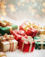 A festive Christmas card background featuring beautifully wrapped gifts as the central theme. 