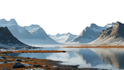 Majestic mountain landscape with serene lake reflecting peaks and autumn foliage. tranquil scene showcasing nature beauty and calmness