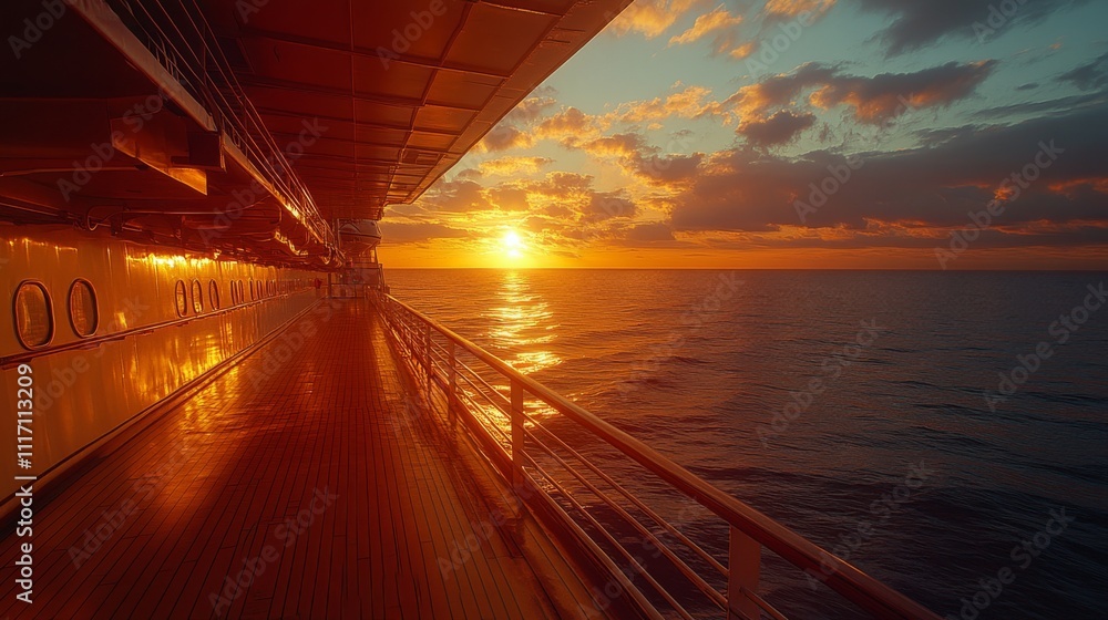 Poster passengers enjoy a breathtaking sunset aboard a cruise ship, with vivid colors reflecting on calm oc
