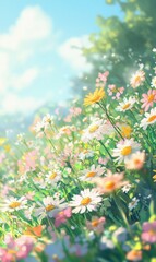 Vibrant wildflowers blooming in a meadow, yellow, white, and pink blossoms, soft focus effect with distant greenery and clear sky, copy space on top