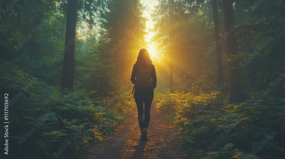 Poster A woman strolls on a winding path through a lush forest as warm sunlight breaks through the trees, creating a tranquil atmosphere at dusk.