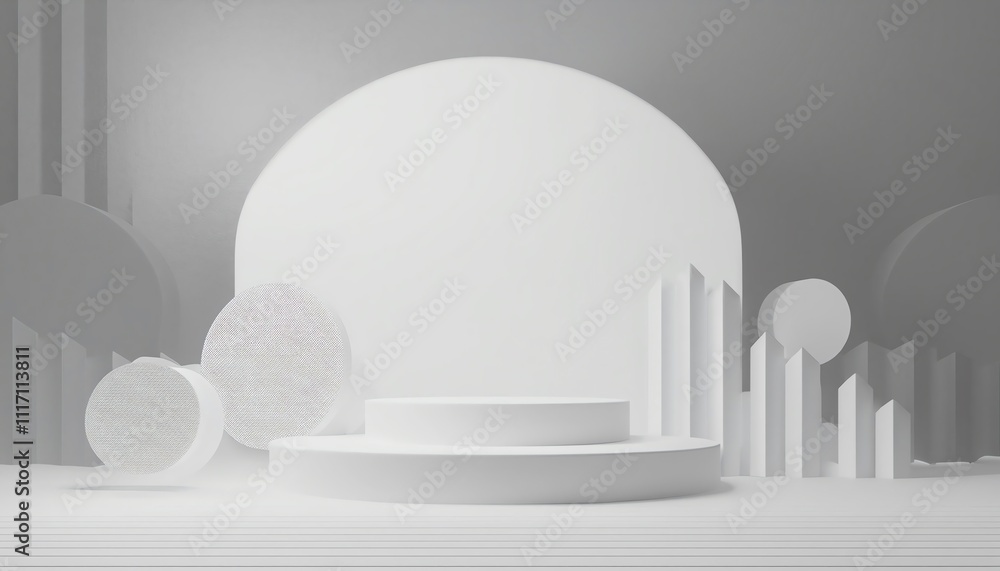 Poster a minimalist 3d composition featuring abstract shapes, including circular forms, pillars, and textur