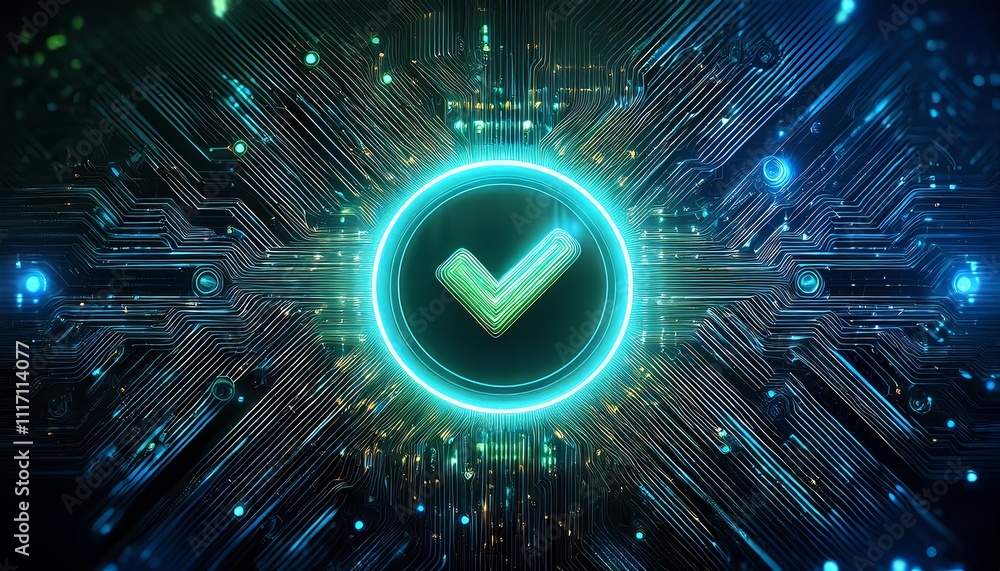 Aufkleber a glowing check mark surrounded by a vibrant digital circuit pattern, symbolizing confirmation and t