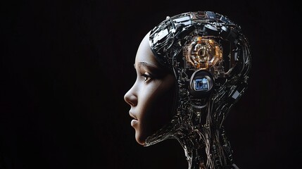 Profile of a robotic child's head, showcasing intricate mechanical details against a black background.