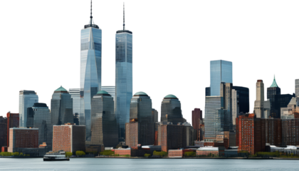 image showcases stunning skyline featuring iconic skyscrapers, including Twin Towers, set against clear sky. vibrant cityscape reflects modern architecture and urban life