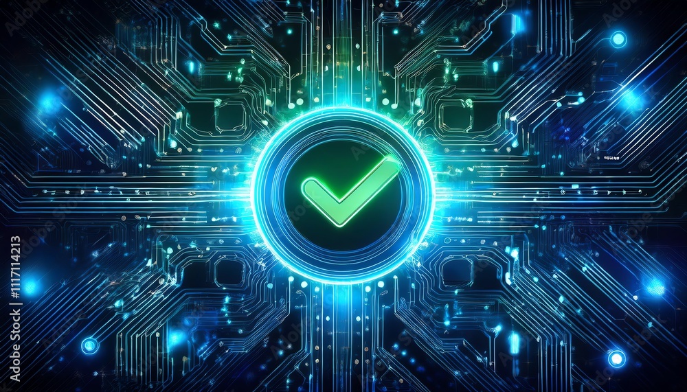 Aufkleber a glowing green checkmark at the center of a digital circuit board, symbolizing validation and techn