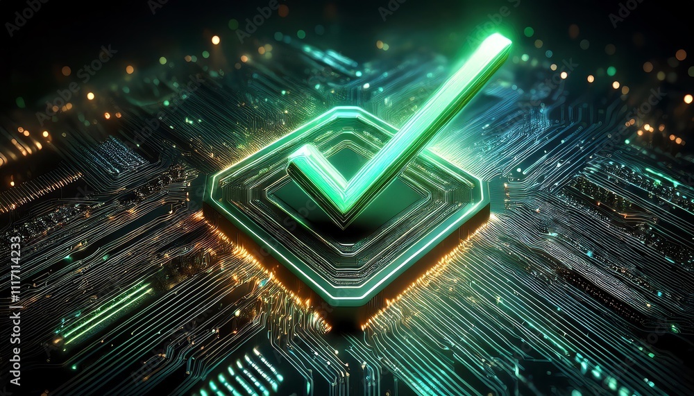 Aufkleber a glowing green checkmark on a digital circuit board, symbolizing validation and technology in a fut