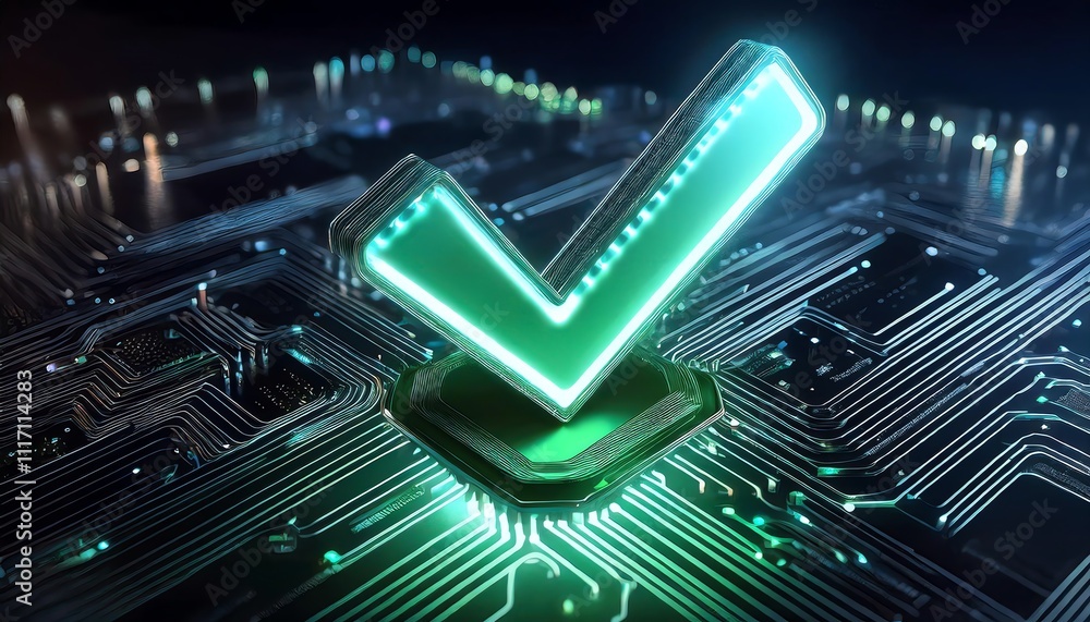 Poster a glowing green checkmark on a circuit board background symbolizes verification and technology.