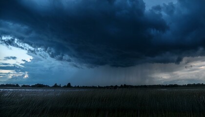 A dark, moody evening sky in shades of black and blue, with dramatic clouds creating a foreboding atmosphere. The scene captures the eerie stillness before a storm, evoking a sense of tension.