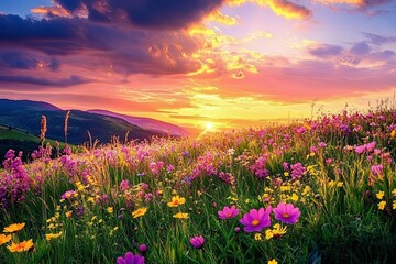 Obraz premium Sunset wildflowers bloom, vibrant hues paint mountains.