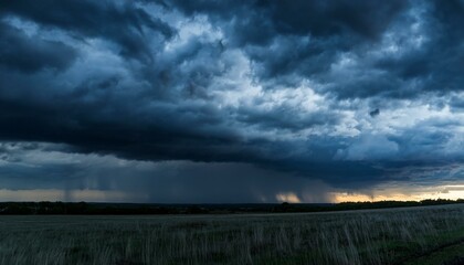Fototapeta premium A dark, moody evening sky in shades of black and blue, with dramatic clouds creating a foreboding atmosphere. The scene captures the eerie stillness before a storm, evoking a sense of tension.