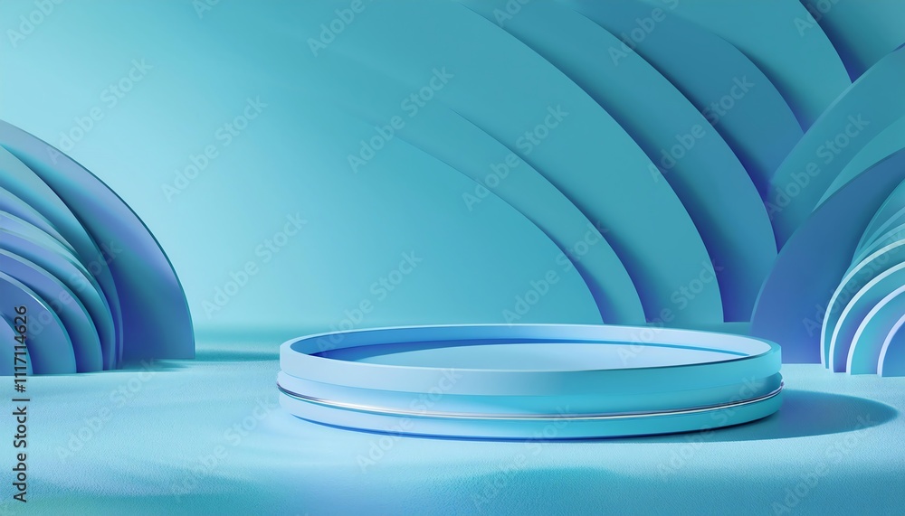 Poster a serene, abstract scene featuring a circular platform surrounded by layered blue waves, creating a 