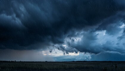 A dark, moody evening sky in shades of black and blue, with dramatic clouds creating a foreboding atmosphere. The scene captures the eerie stillness before a storm, evoking a sense of tension.