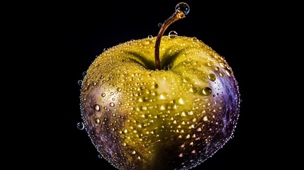 Obraz premium A dewy apple glows darkly against a black background