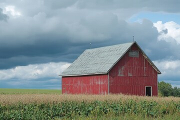 Obraz premium Red barn in a field under a stormy sky.