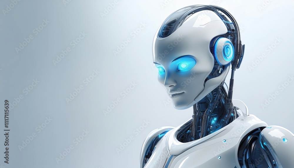 Poster a futuristic humanoid robot with glowing blue eyes and a sleek design, emphasizing advanced technolo