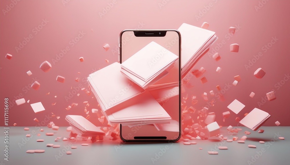 Poster a modern smartphone displaying floating pink blocks against a soft pink background, creating a playf