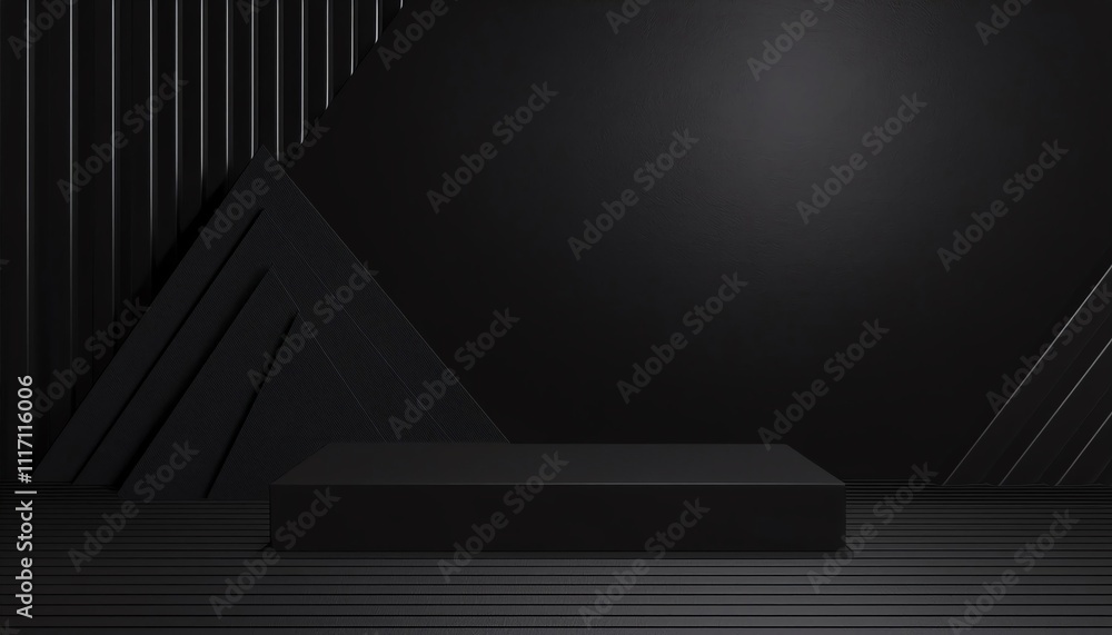 Poster a sleek, minimalistic black background with geometric shapes and a platform, creating a modern and e