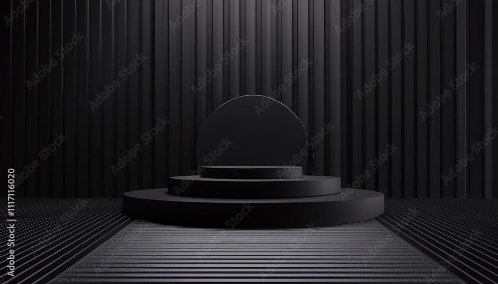 Poster a minimalist black stage with circular and rectangular shapes, creating a sleek, modern aesthetic.