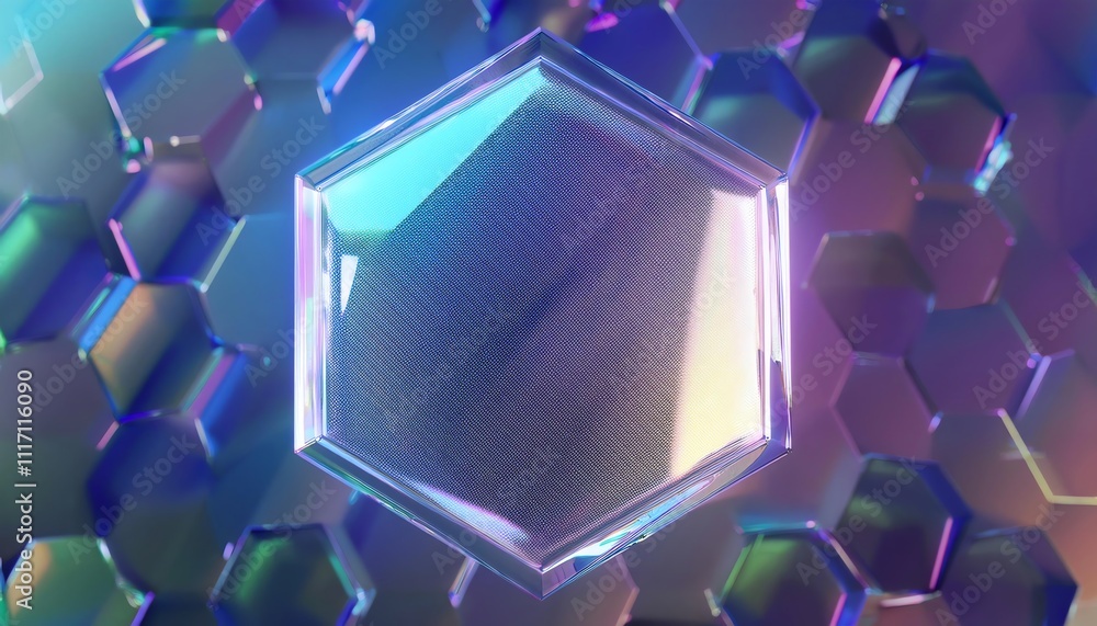 Poster a vibrant hexagonal structure against a colorful, iridescent honeycomb background, showcasing geomet