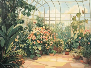 Lush greenhouse, potted plants, sunlight, glass roof.