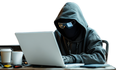 mysterious figure in hoodie and mask works intently on laptop, surrounded by coffee cups and tech gadgets, evoking sense of intrigue and secrecy