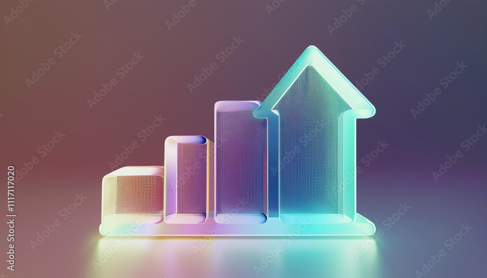 Poster a colorful 3d representation of a growth chart, featuring bars and an upward arrow, symbolizing prog