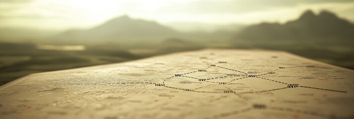 A close-up of a map with geographical features in the background, suggesting exploration.