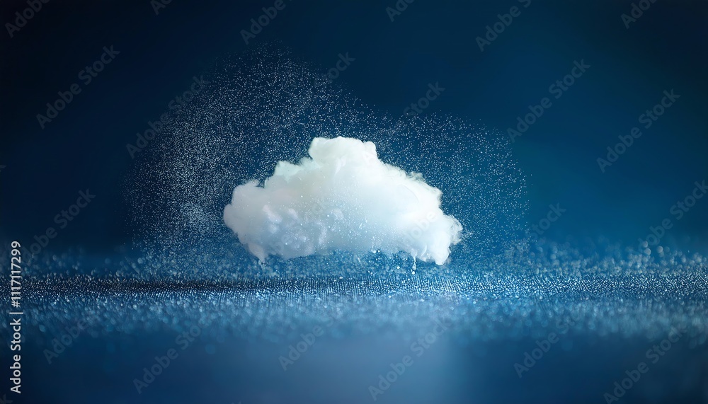 Poster a fluffy white cloud floats above a shimmering blue background, surrounded by a mist of tiny particl