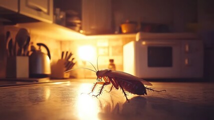 Close-Up of a Cockroach on a Kitchen Counter with Warm Light in the Background, Perfect for Illustrating Pest Control, Hygiene, and Urban Life Concerns