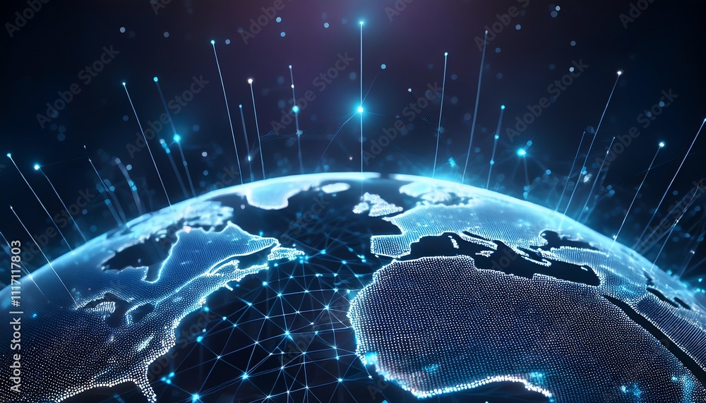 Poster a digital representation of earth with glowing lines and nodes, showcasing global connectivity and a