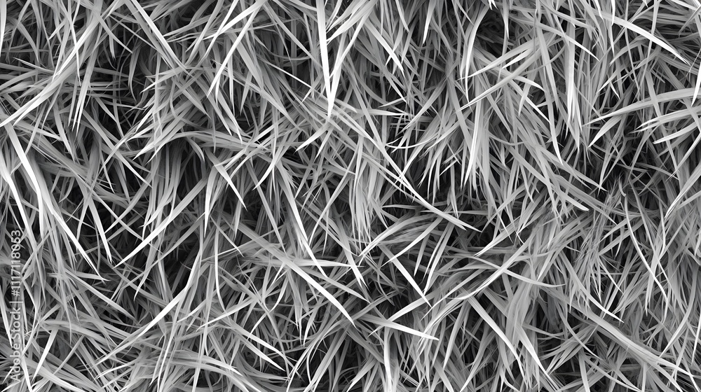 Poster a close-up view of grass blades in black and white, showcasing texture and patterns.