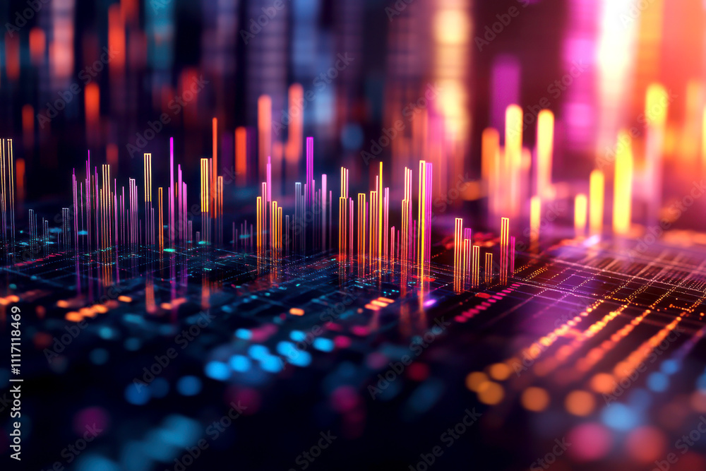 Poster vibrant digital data visualization with colorful histogram bars.