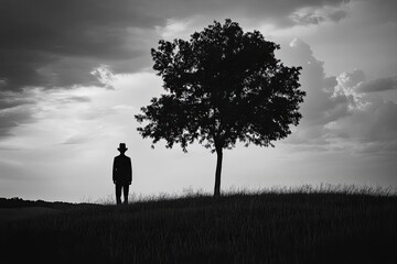 Fototapeta premium Silhouette of a man standing on a hill next to a tree under dramatic sky.
