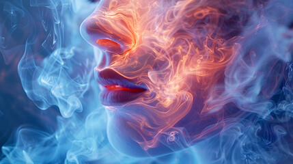 Obraz premium Ethereal Portrait of a Woman Surrounded by Colorful Smoke Patterns