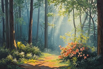 Naklejka premium Sunlit forest path, blooming flowers, tall trees.