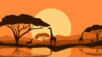 Fototapeta premium Landscape illustration of savanna wildlife