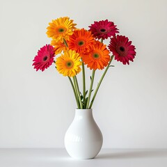 Orange, pink blossoms in white vase, simple background.