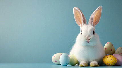 Obraz premium cute bunny surrounded by colorful Easter eggs creates joyful scene
