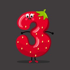 Cute cartoon character strawberry fonts number 3 , Cute strawberry cartoon number three.