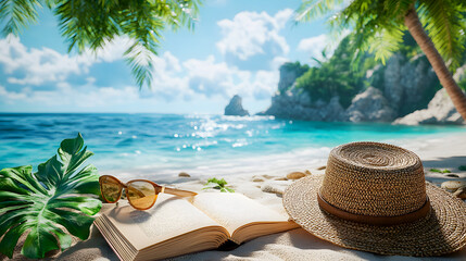 Obraz premium Summer Beach Essentials Photo: Sunglasses, Hat, Book, and Ocean View