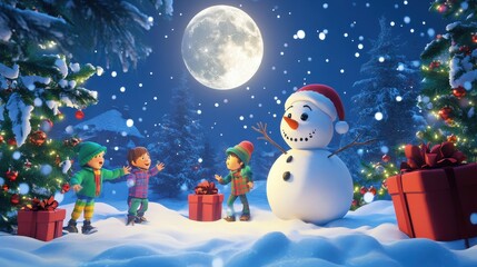 A joyful cartoon-style Christmas scene set under the glow of a full moon. Snowflakes fall gently, blanketing the ground in white, while children in colorful winter clothes play with a smiling snowman.