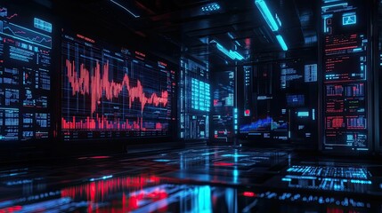 Obraz premium Cyberpunk room; glowing data screens.