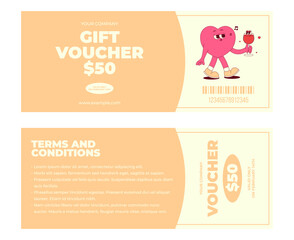 Colorful vintage love gift voucher template. Cute heart character with wine in retro groovy style. Offer details, barcode and other information on two page.Flat vector illustration on white background