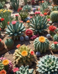 Fototapeta premium A group of colorful cacti arranged in a garden bed with other plants , arrangement, foliage